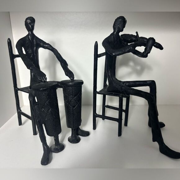 90s Modernist Black Cast Iron Set of Two Brutal Musicians Art Sculpture - Picture 7 of 13